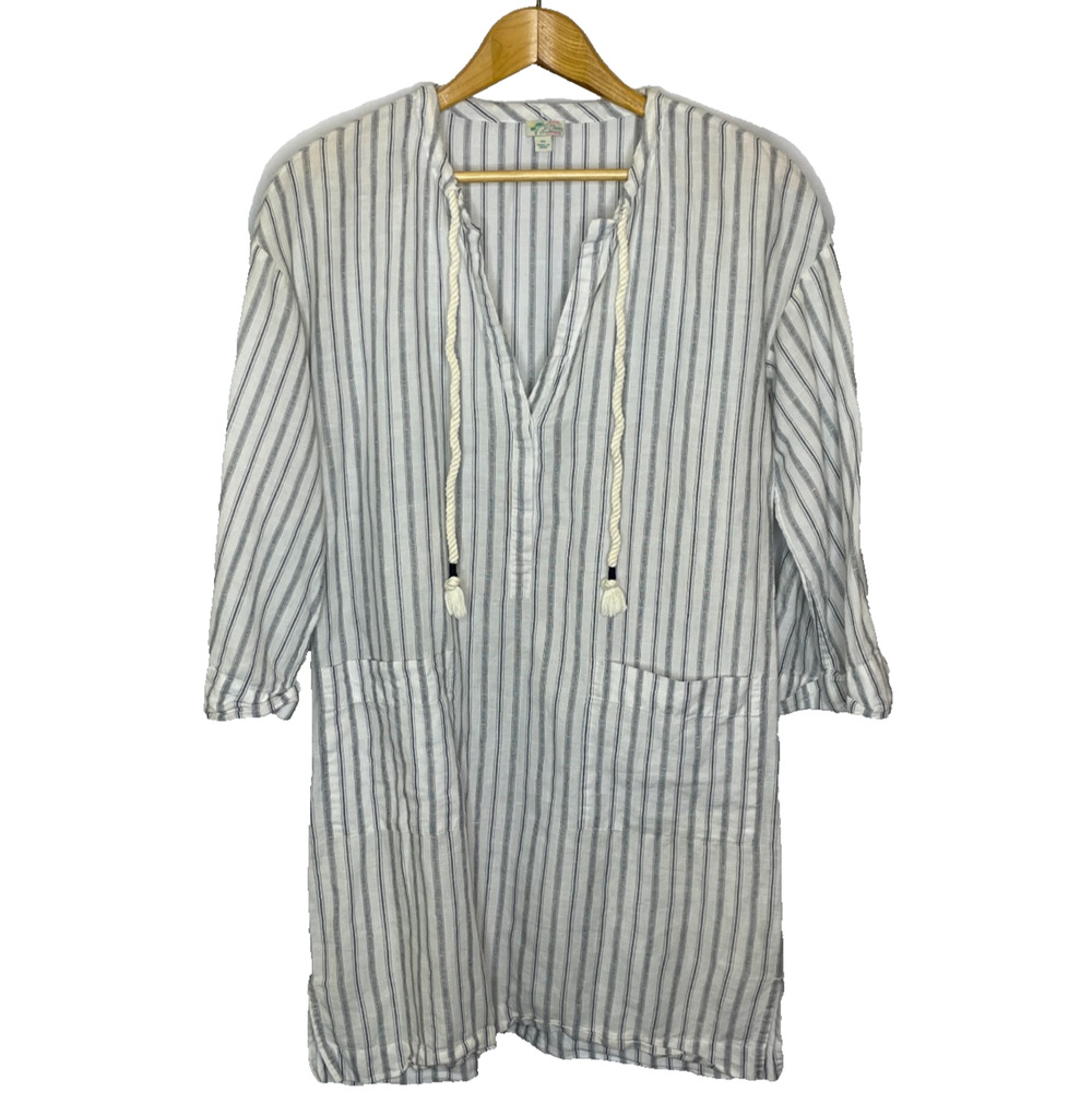 Women's XS J.Crew Cotton Linen V-Neck Blue Stripe Beach Tunic Cover Up